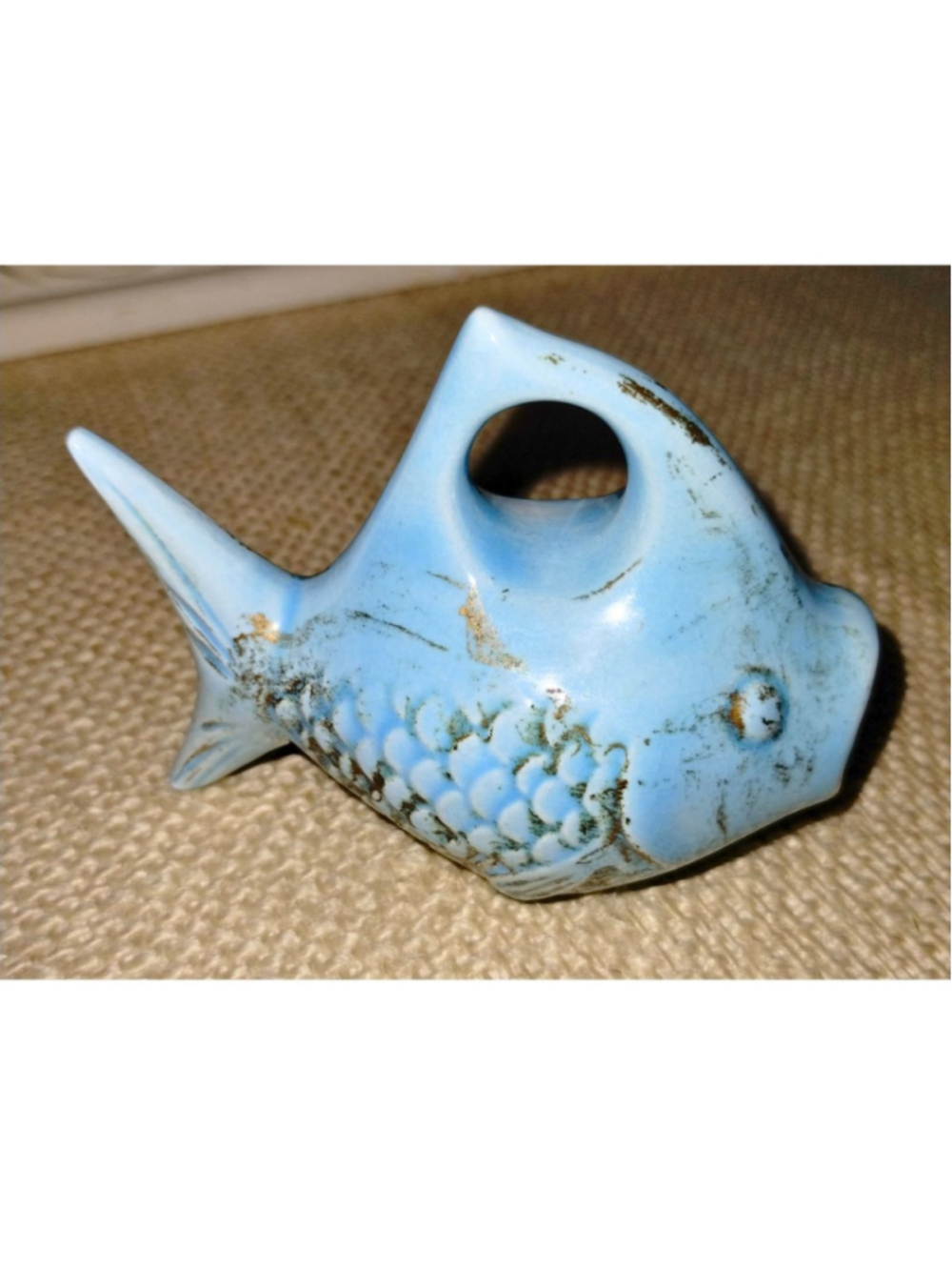Vintage Handmade Blue Distressed Opened-Mouth Fish Decor